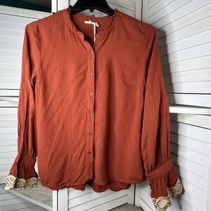 NWT Mystree Anthropologie Women's Rust Color Blouse M Lace Cuff Linen Blend Boho